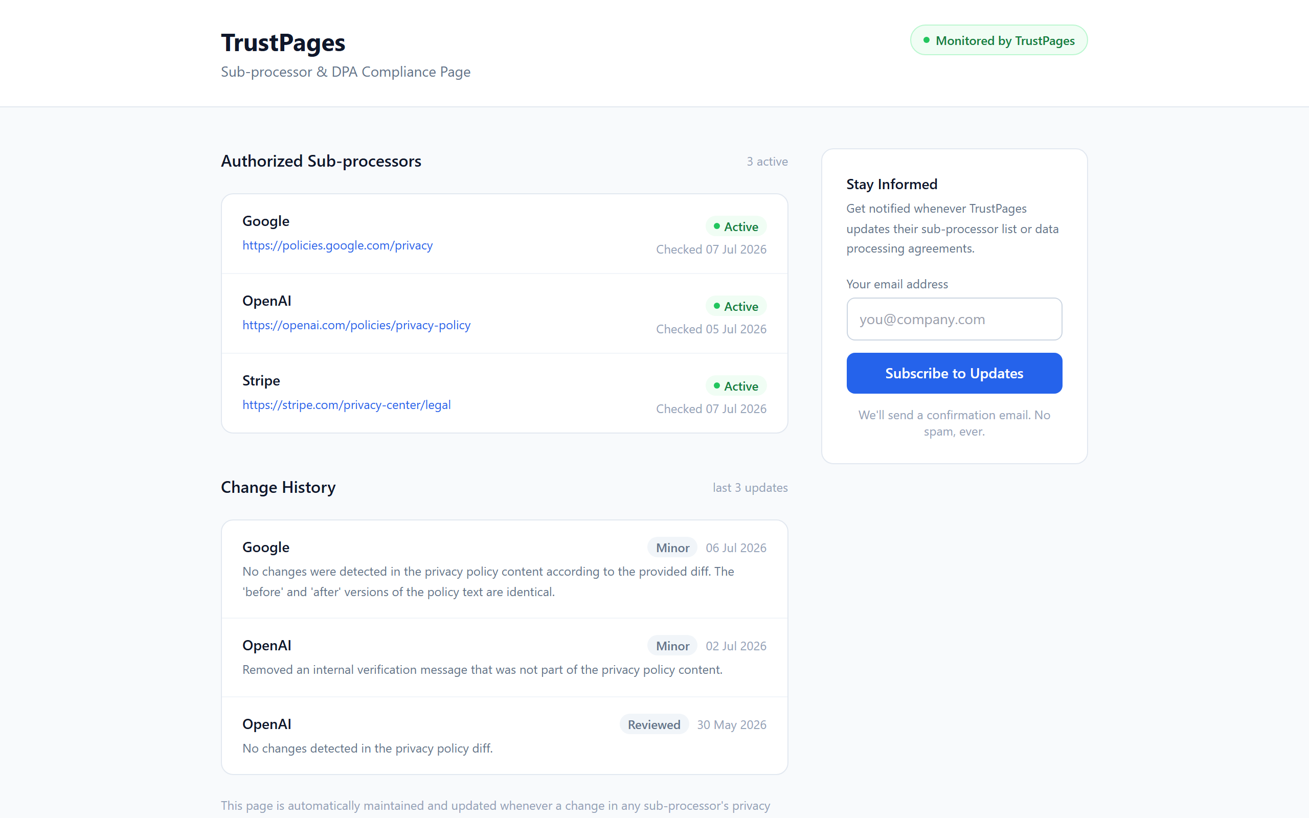 Public trust page with authorized sub-processors, change history and email subscription